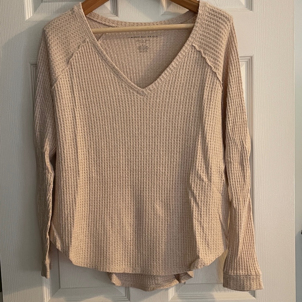 American Eagle Outfitters Beige Waffle Knit Long Sleeve Tee
